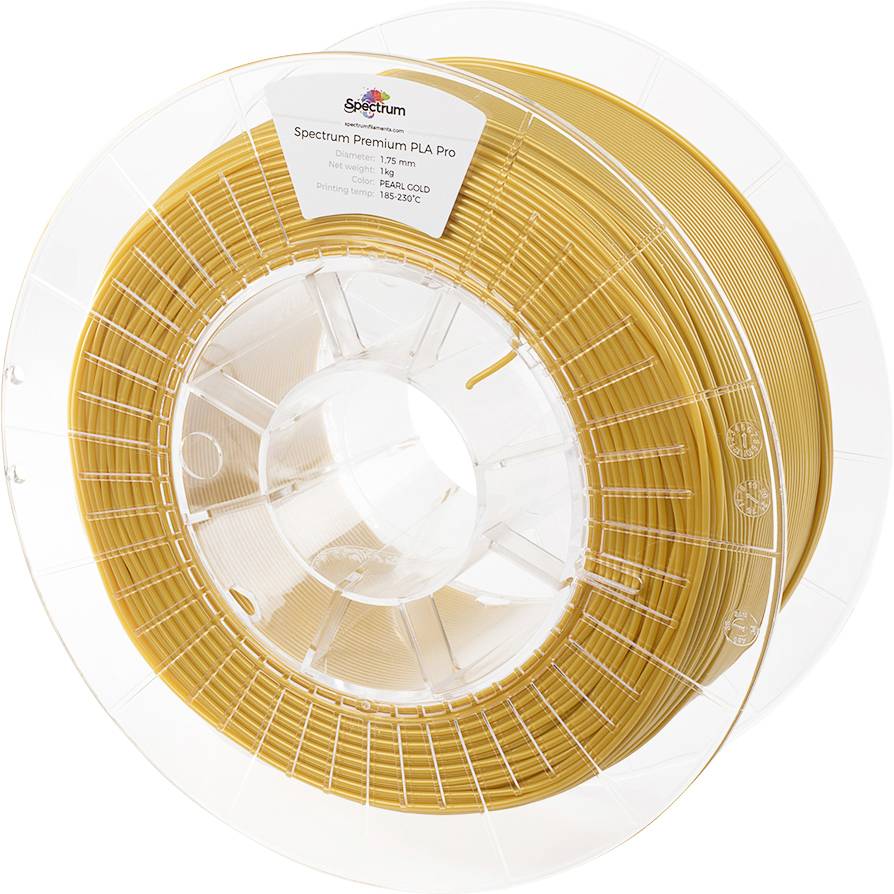 Kolut z zlatoodsevnim materialom za 3D-tisk, označen z 'Spectrum Premium PLA Pro'. Primeren za 3D-tiskalnik.