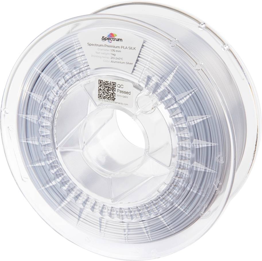 Zvoj srebrno obarvanega PLA-filamenta za 3D-tiskalnike, označen z 'Spectrum Premium PLA SILK', 1 kg, 1,75 mm.