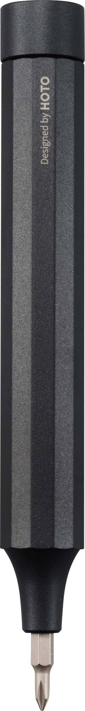 Električni vijačnik v bližnjem kadru, črne barve z reliefno površino.