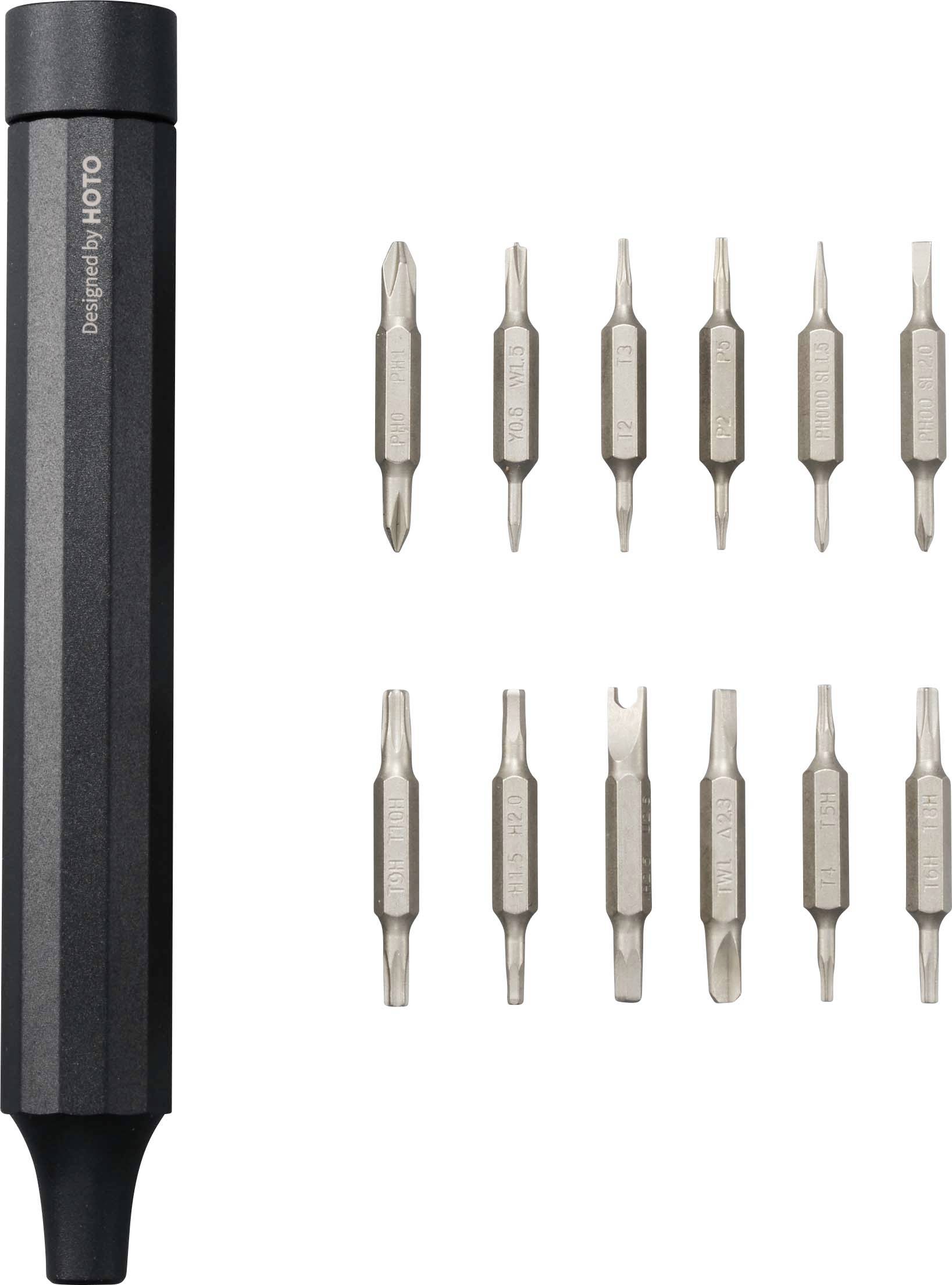Večnamenski izvijač z črnim ročajem in enajstimi zamenljivimi nastavki v različnih oblikah in velikostih.