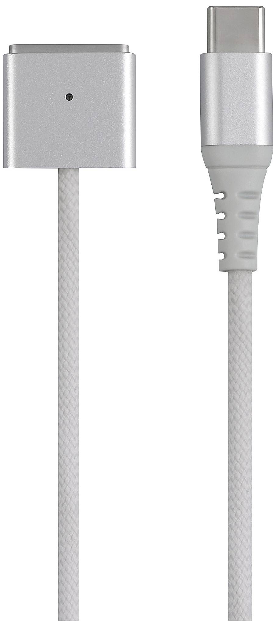 Srebrno magnetno USB-C-kabel, levi konec s kvadratnim magnetnim vtičem, desni konec s priključkom USB-C.