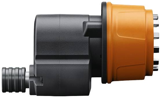 Črn in oranžen mehanski adapter z več vtiči, prikazan s strani.