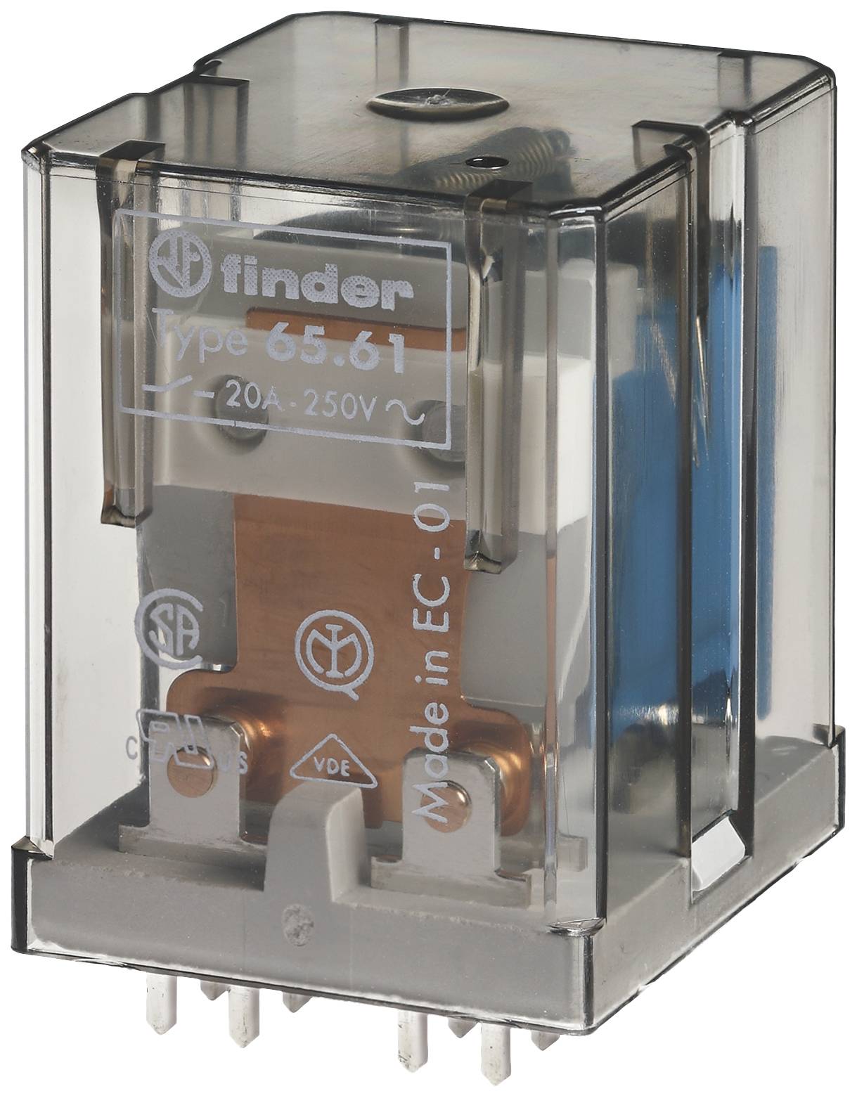 Prozoren rele tipa 65.61 znamke Finder, 20A, 250V, z izhodi za električno povezavo. Oznake standardov so vidne.