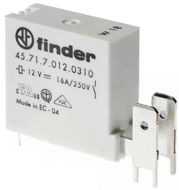 Relejev modul znamke Finder z oznako '45.71.7.012.0310', primeren za 12 V, 16 A/250 V, certificiran po CE in VDE standardih.