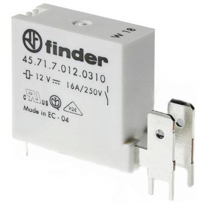 Relejev modul znamke Finder z oznako '45.71.7.012.0310', primeren za 12 V, 16 A/250 V, certificiran po CE in VDE standardih.