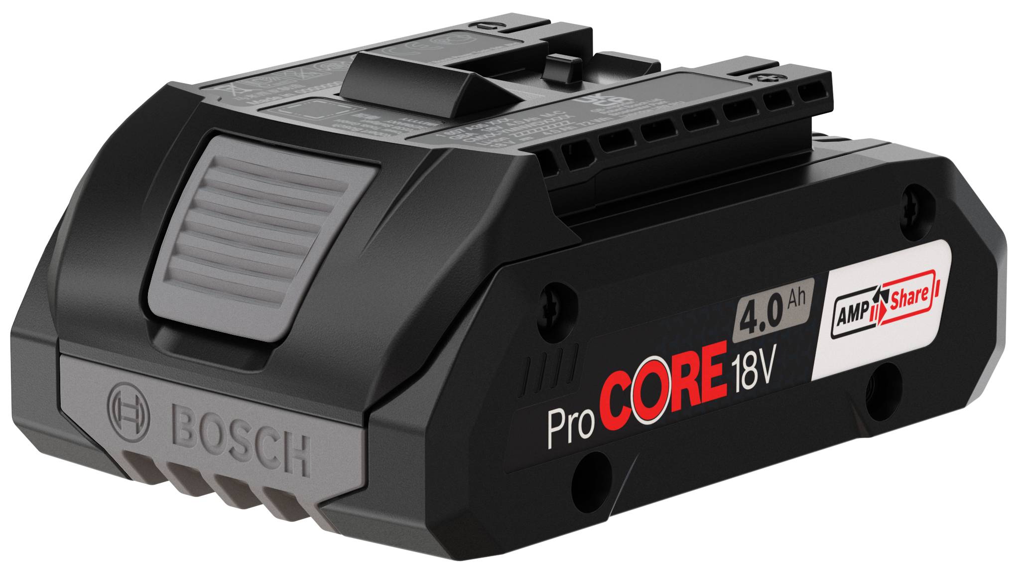 Bosch ProCORE18V 4.0 Ah polnilni akumulator za baterijski pogon, prikazan v črni barvi z rdečim in belim blagovno znamko.