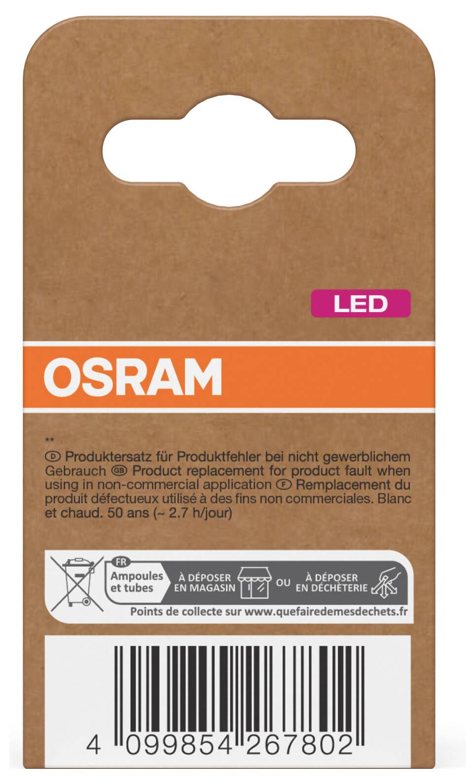 OSRAM LED žarnica v rjavi kartonski embalaži z oranžno nalepko, navodila za odlaganje, ikone za recikliranje in črtna koda na sprednji strani.