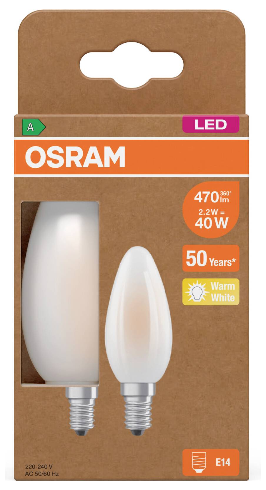 OSRAM LED svetlobna žarnica v pakiranju s slikama dveh žarnic, označena kot enakovredna 40W, 470 lm, topla bela barva, vijak E14, in 50 let življenjske dobe.