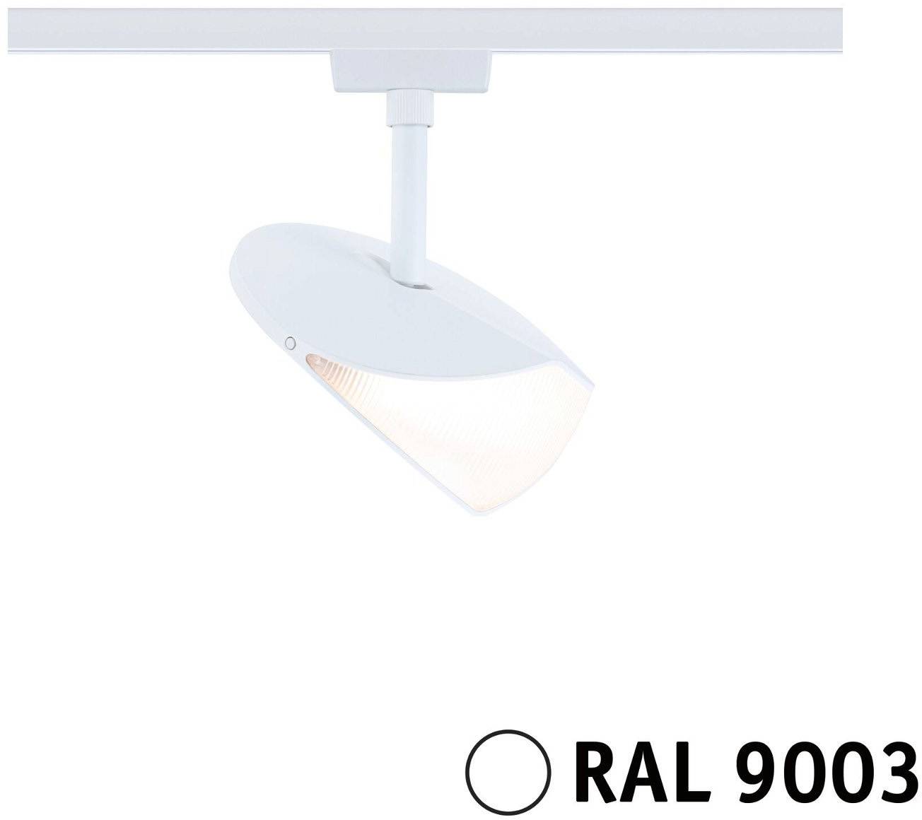 Stropni reflektor v beli barvi, nameščen na tirnico. Napis: 'RAL 9003', ki nakazuje na odtenek barve reflektorja.