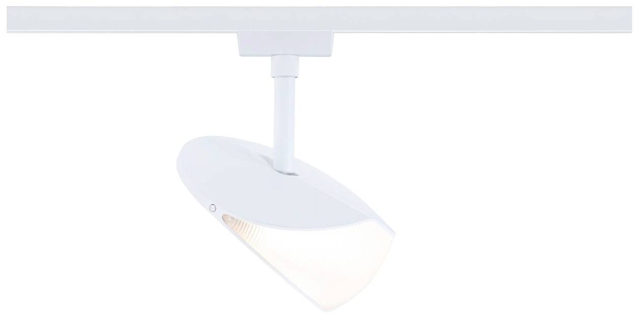 Moderna, bela LED-svetilka na tirnicah, pritrjena na stropu. Je nastavljiva in oddaja mehko svetlobo.