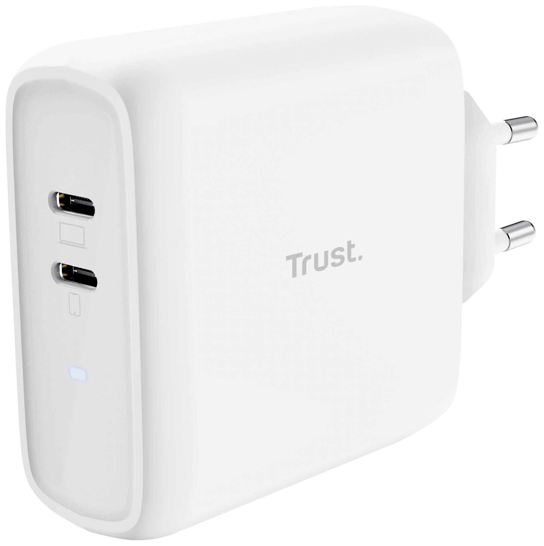 Bel USB polnilnik znamke Trust z dvema priključkoma in modro indikatorsko lučko. Primeren za evropske električne vtičnice.