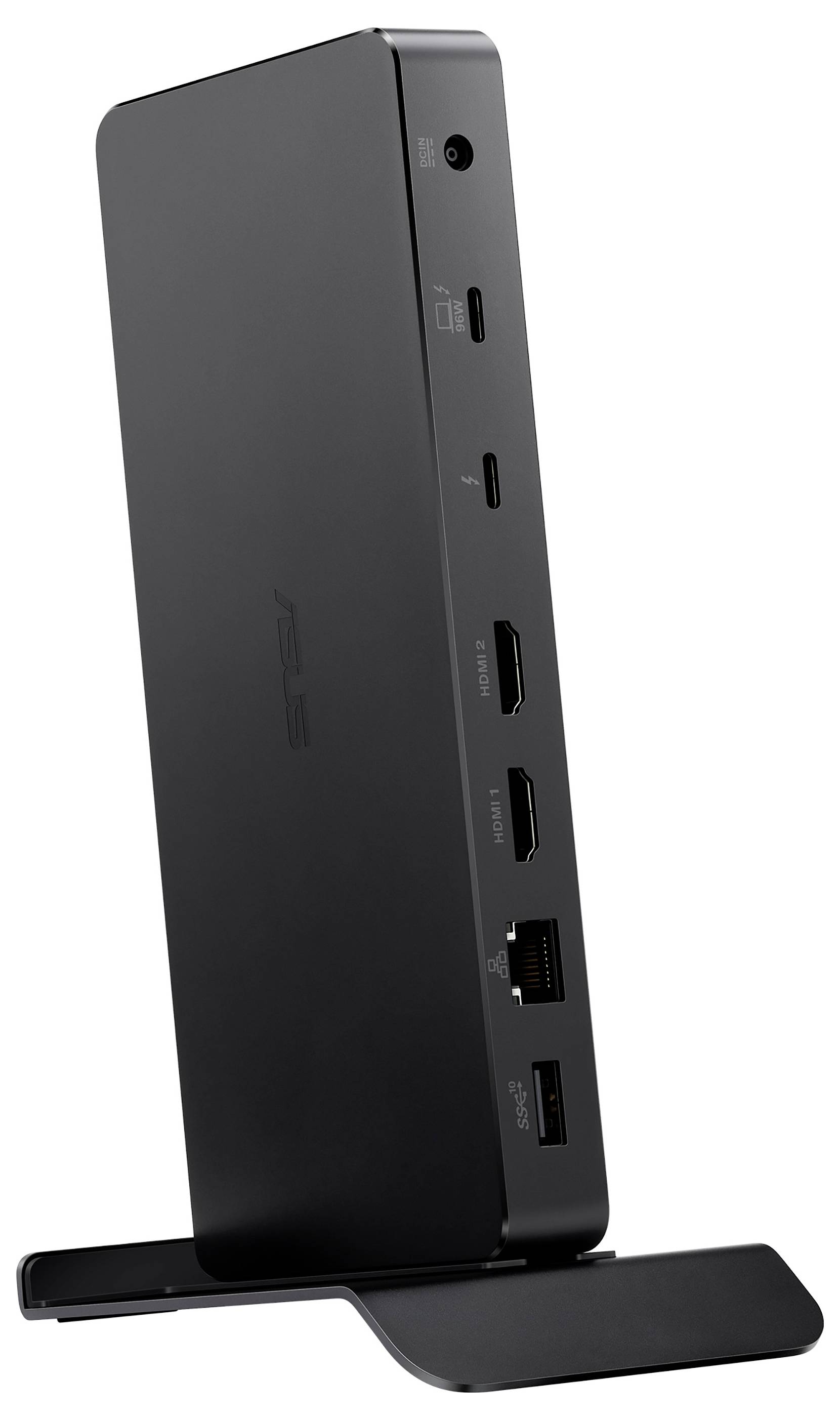 Črna priključna postaja z več priključki, vključno z USB, HDMI in Ethernet, stoječa pokončno na stojalu.