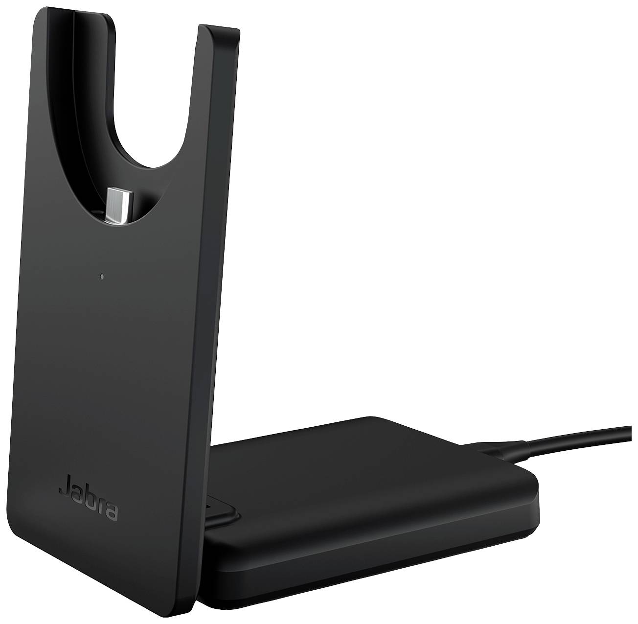 Dokovno postajo iz črnega plastičnega materiala z USB-C priključkom in kablom. Zasnovan za brezžično polnjenje naprav.