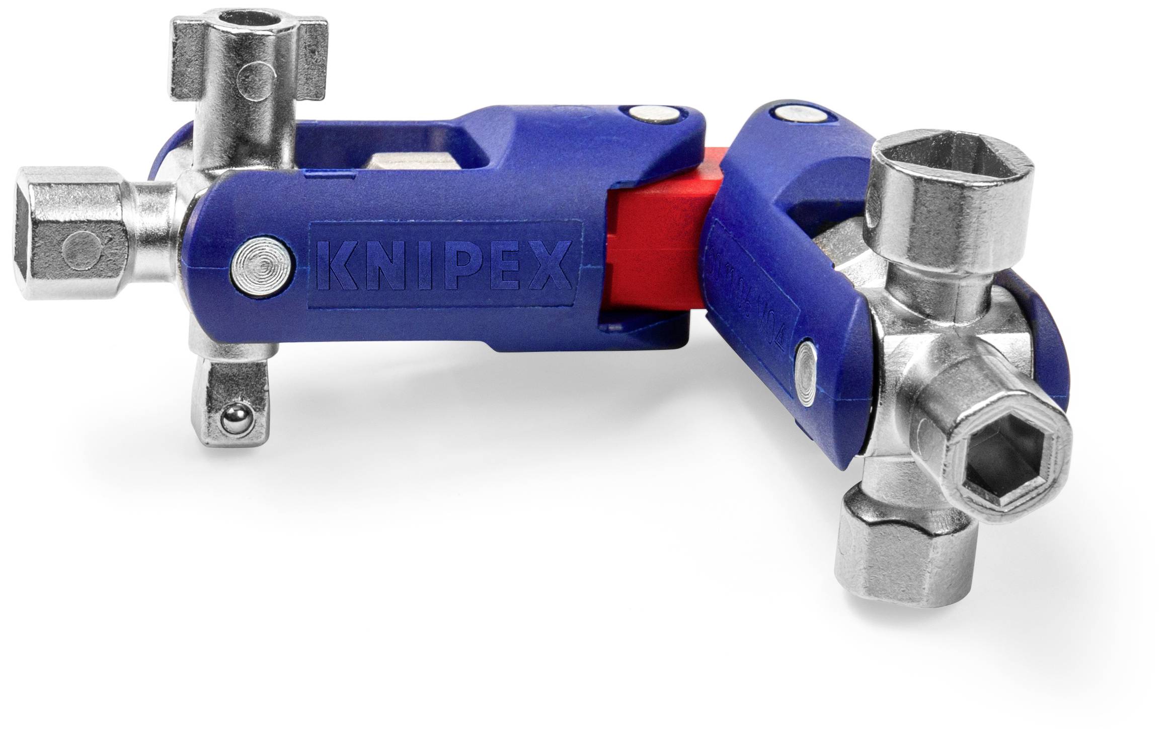 Modro multifunkcijsko orodje znamke KNIPEX z več inbus ključi in rdečim vrtilnim mehanizmom. Idealno za raznovrstne aplikacije.