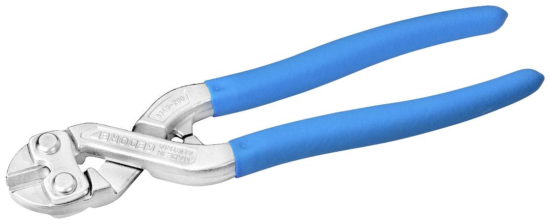 Moder rezalnik vijakov s kovinskimi rezili, namenjen rezanju žic ali tankih kovin; ergonomsko oblikovani ročaji.