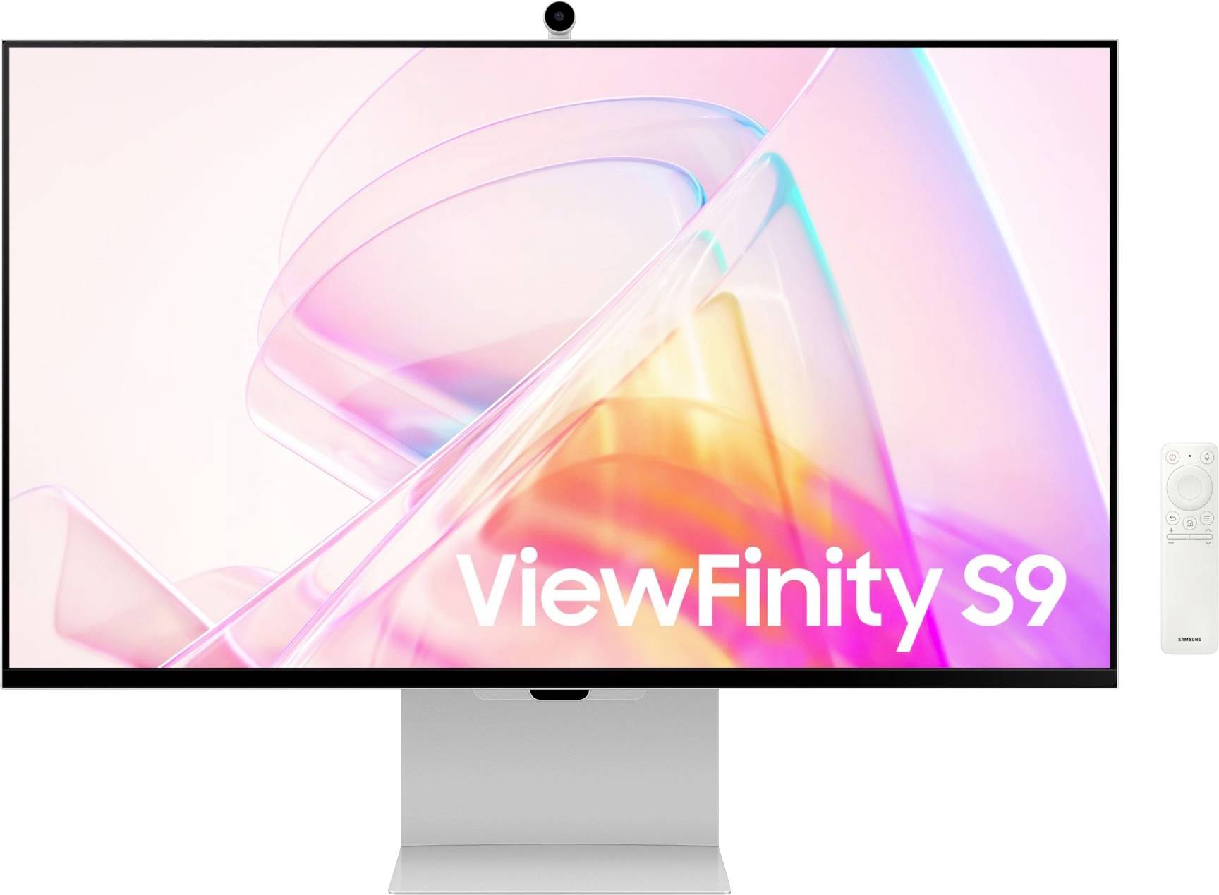 Sodoben računalniški zaslon z napisom 'ViewFinity S9', poleg njega vitka daljinska upravljalnik.