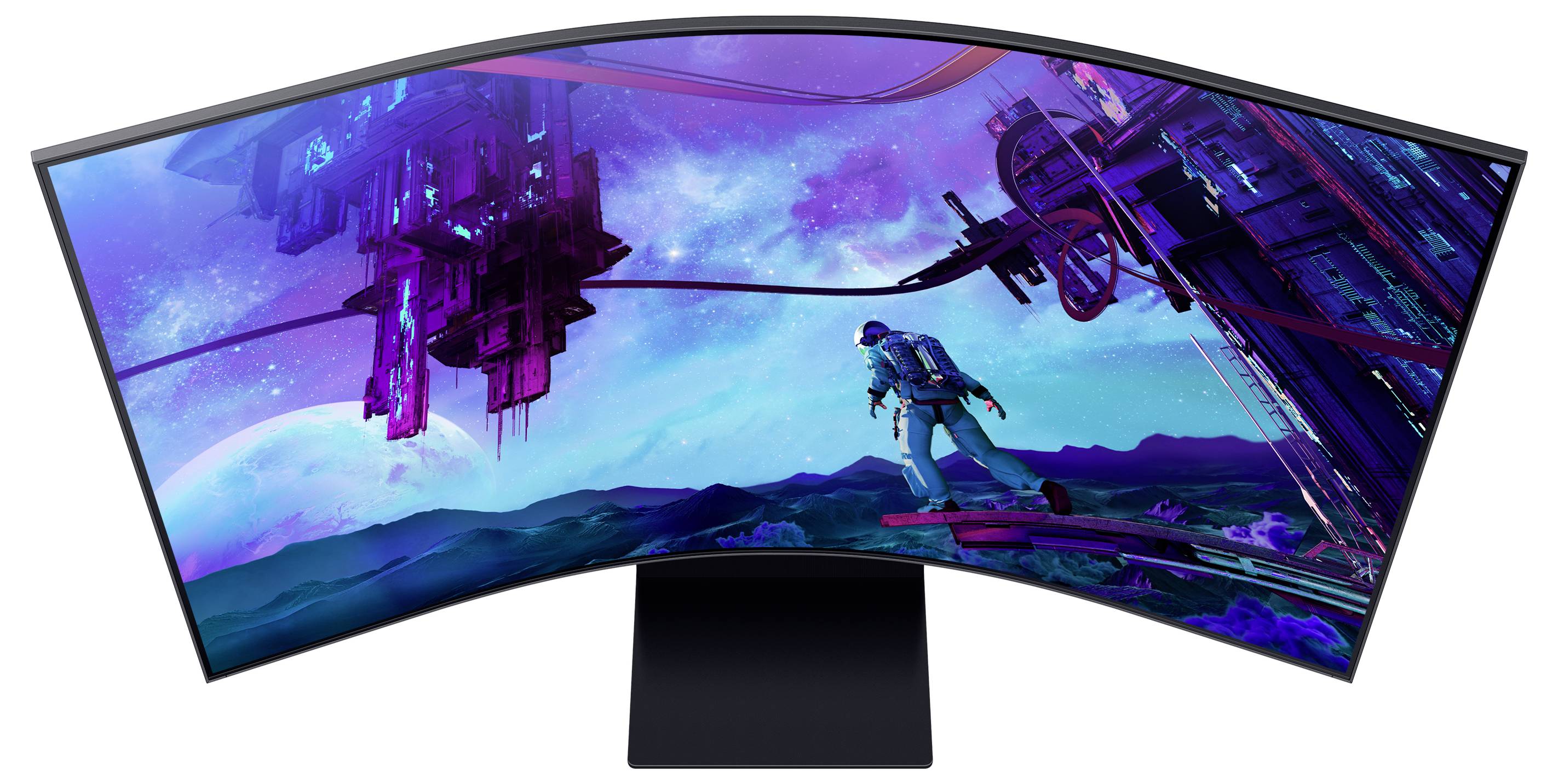 Ukrivljen monitor prikazuje futuristično sci-fi sliko z astronavtom na platformi in lebdečimi strukturami v ozadju.