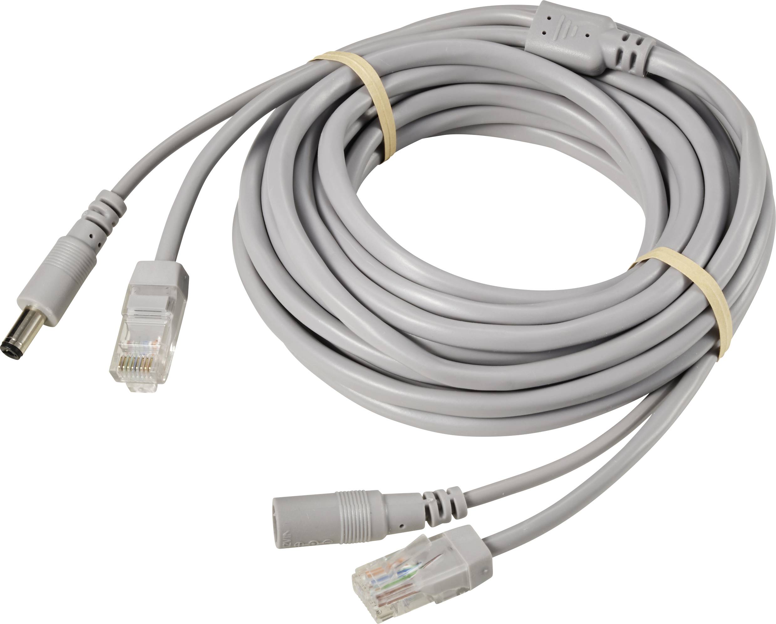 Sivo omrežno kabel s priključki na obeh koncih, zvit in pritrjen z gumijastim trakom.