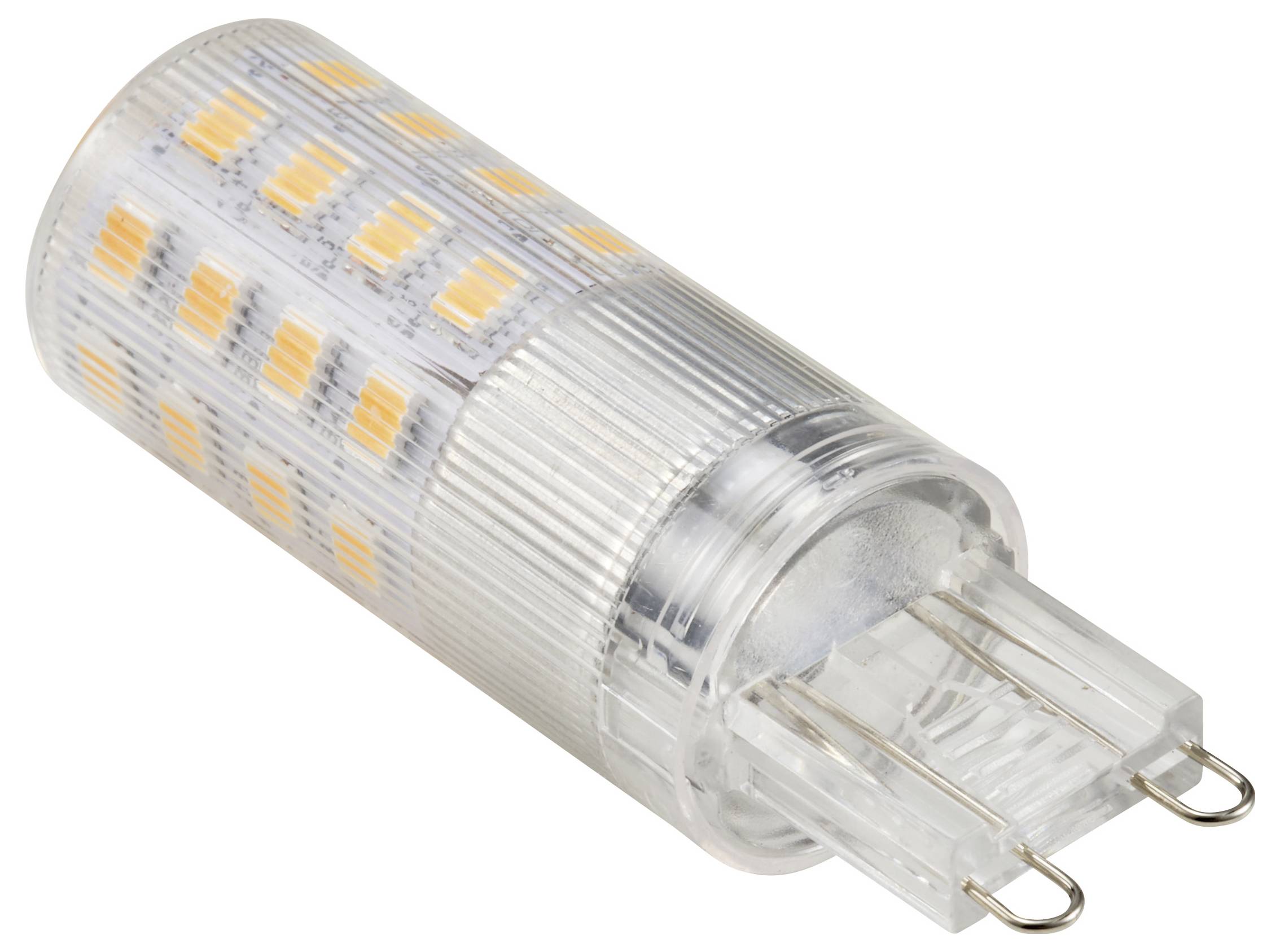 Bližnji posnetek LED-sijalke z nastavkom G9. Prikazuje razporeditev majhnih LED-diod na prozorni ovitku.