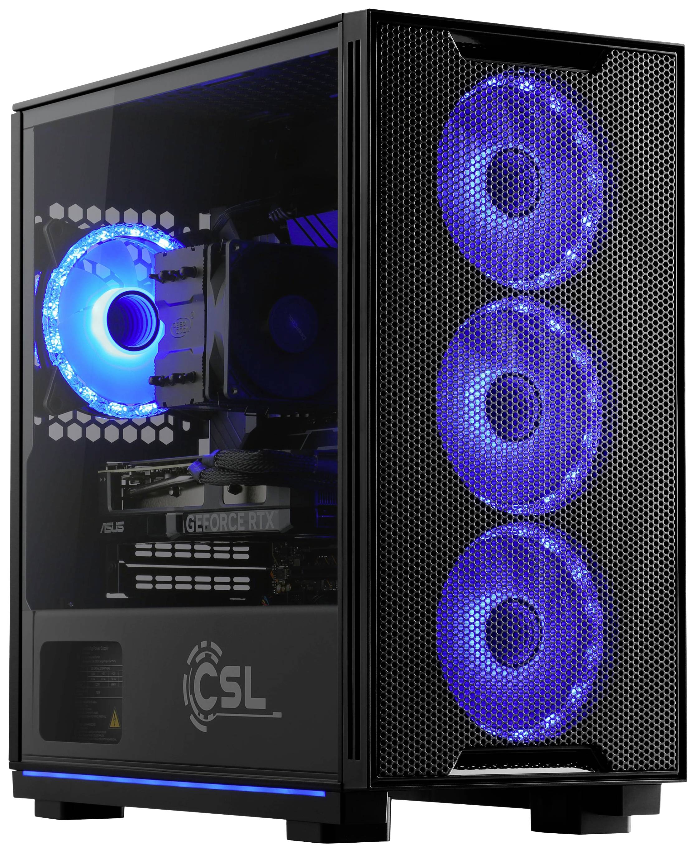 Gaming računalnik s prozorno stransko steno, prikazuje modre LED ventilatorje. Model: CSL Gaming PC z grafično kartico GeForce RTX.