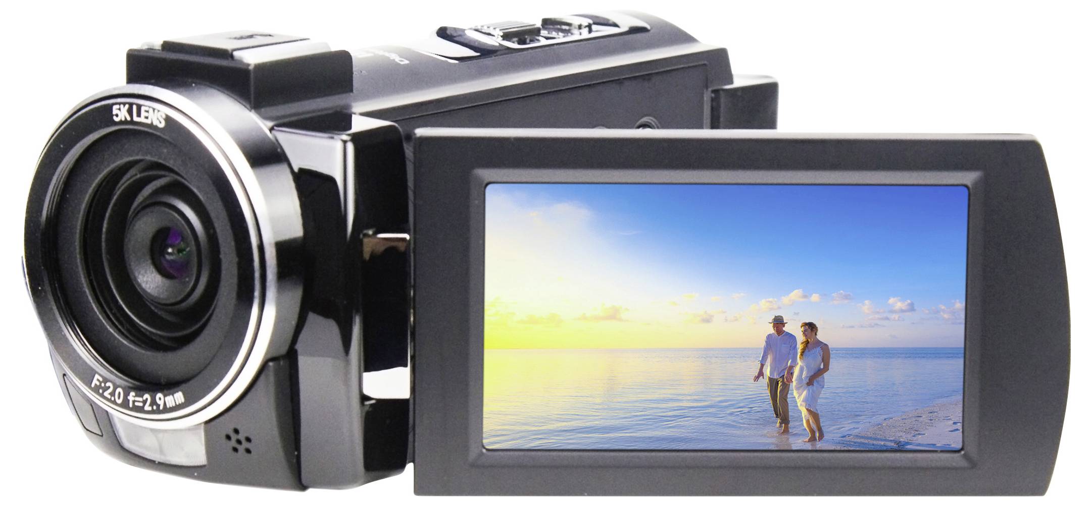 Digitalna videokamera z razklenjenim zaslonom, ki prikazuje fotografijo dveh oseb, ki se sprehajata ob plaži.