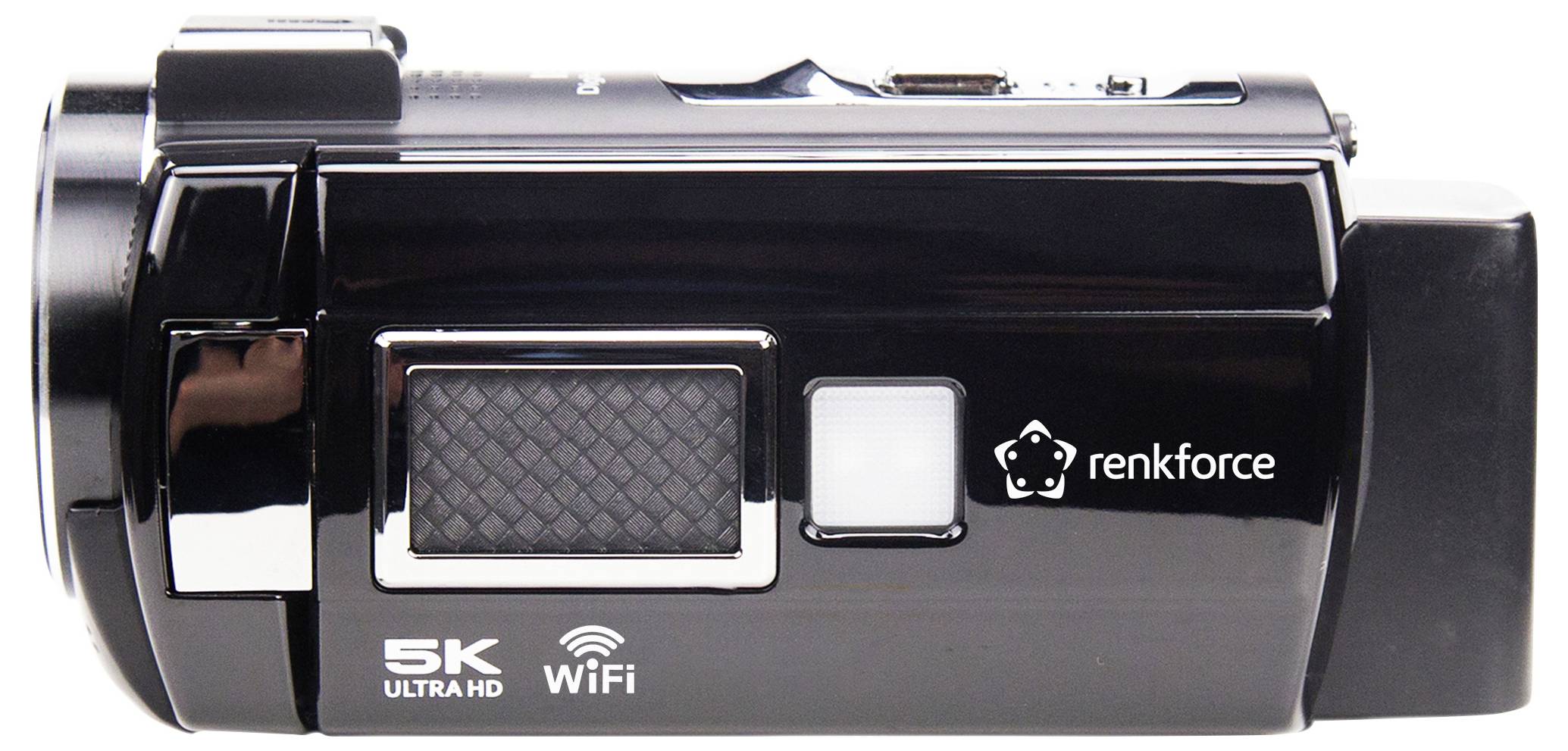 Črna 5K Ultra HD videokamera z WiFi funkcijo, pogled s strani. Naziv blagovne znamke viden ob strani.
