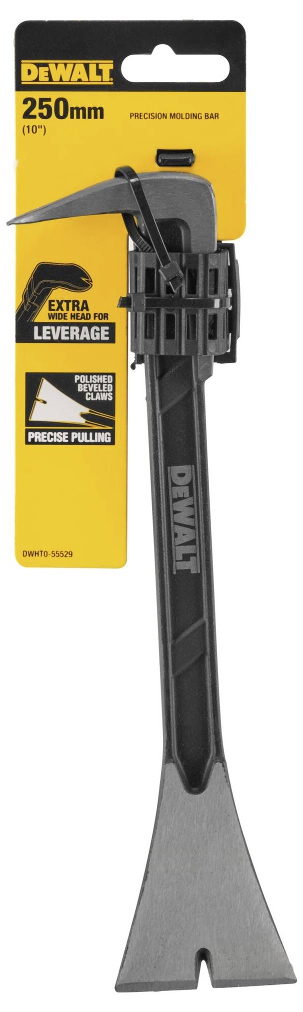 Prikaz DeWalt preciznega vzvoda, dolgega 250 mm, iz črnega jekla za natančno vzvajanje in vlečenje, na rumeni embalaži.