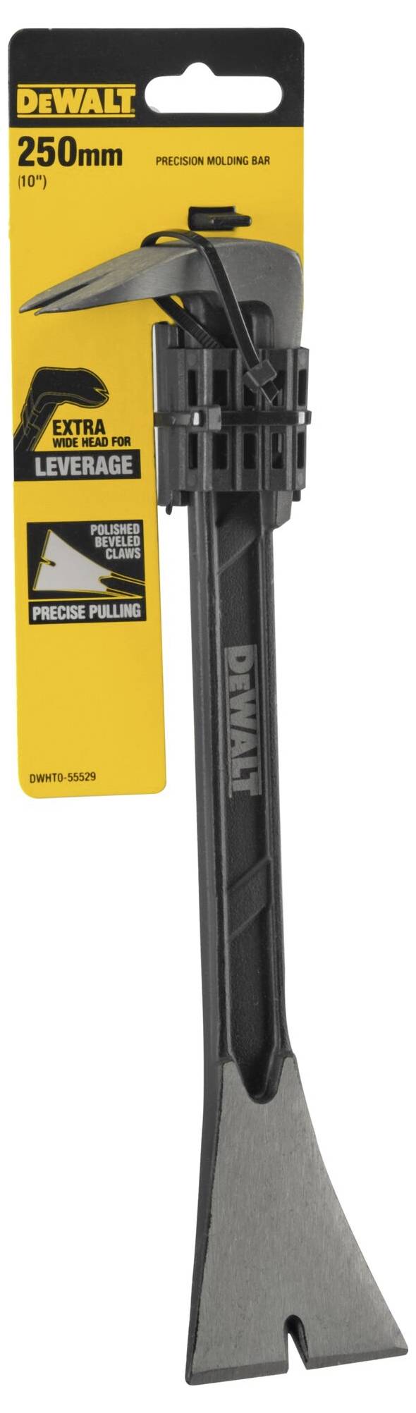 Rumena DeWalt 250 mm precizijska vzvoda z ročajem in dodatno vzvodno mehaniko. Embalaža prikazuje logotip in navodila za natančno uporabo.