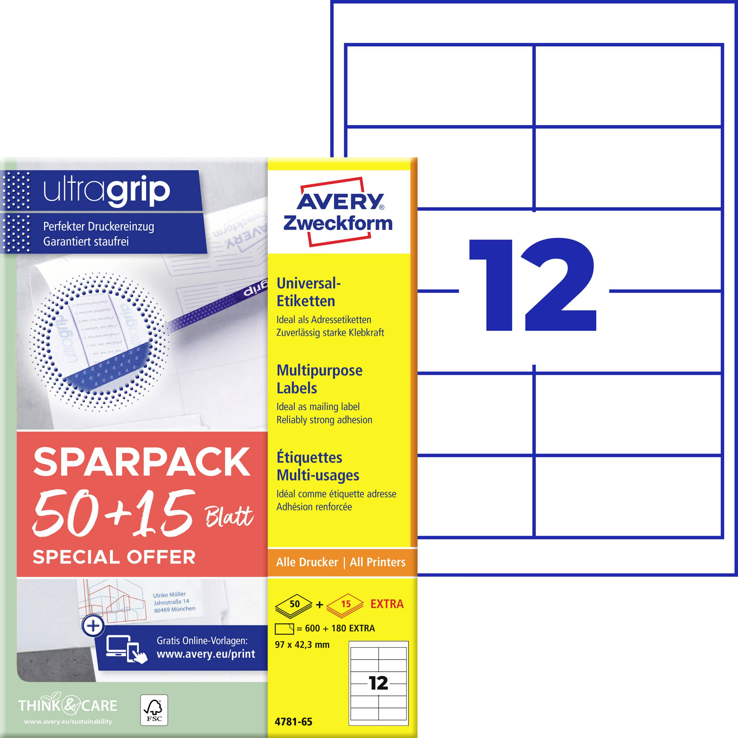 Avery Zweckform Ultragrip večnamenska znamka paket, ki prikazuje 12 oznak na listu, s posebno ponudbo '50+15 Blatt' in podrobnosti o izdelku.