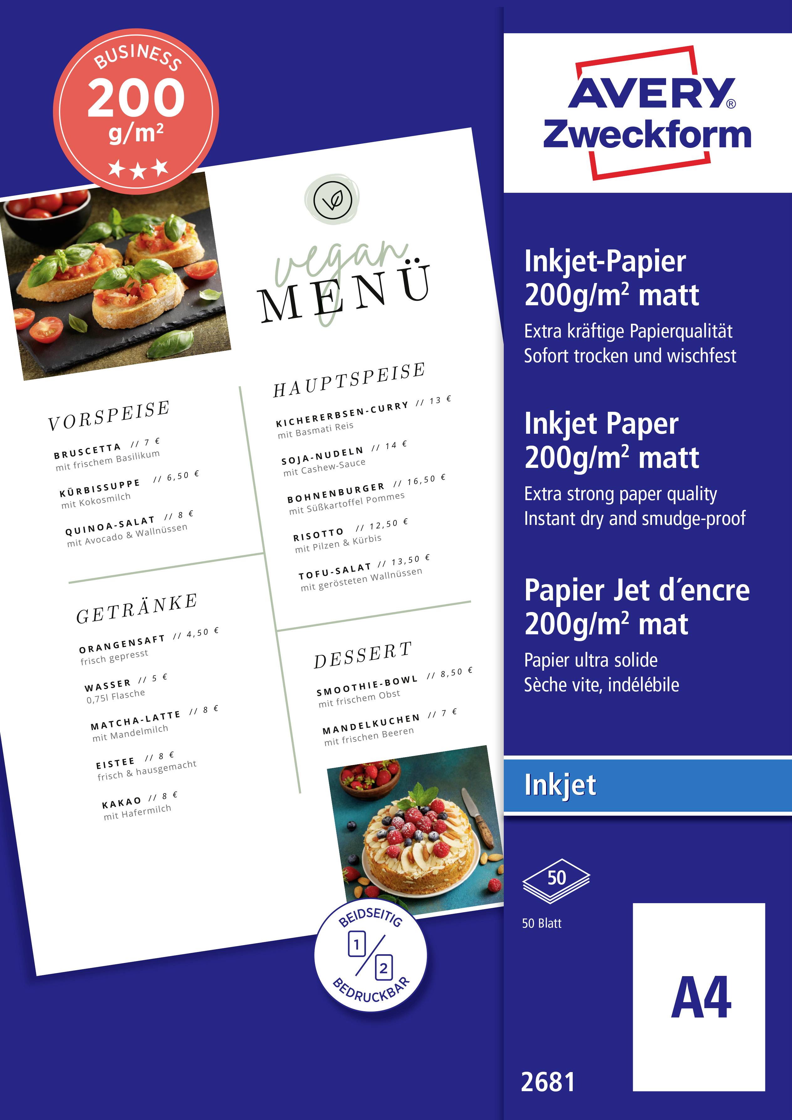 Veganski meni z kategorijami: Predjed, Glavna jed, Pijače, Sladica. Ilustrirani predlogi z sestavinami na kartici. Papir Avery Zweckform 200 g/m².