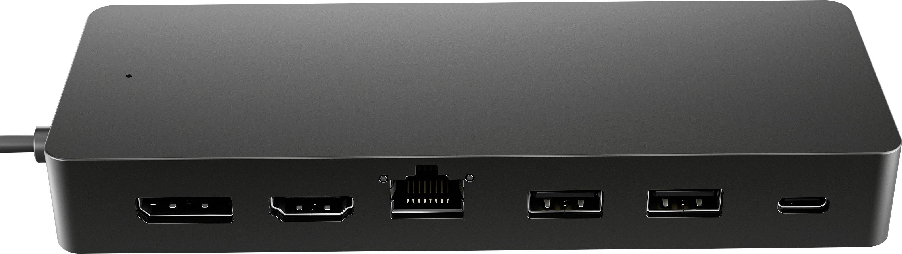 Črna priklopna postaja z več priključki: dva HDMI, ethernet, dva USB in en USB-C priključek. Idealna za razširitev naprav.
