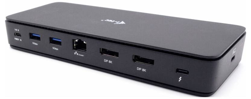 Črna priključna postaja z več priključki, vključno z USB, ethernetom in dvema displayportoma.