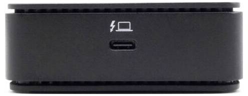 Črna elektronska naprava z USB-C priključkom na sprednji strani, nad katerim je simbol, ki prikazuje strelo in prenosni računalnik.
