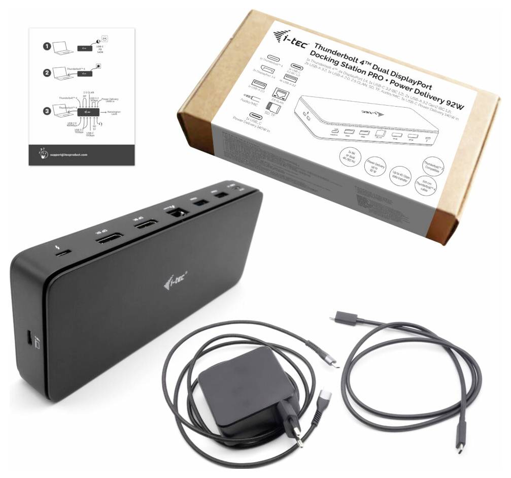 Thunderbolt 4 priklopna postaja 'Tec' z različnimi priključki in kabli. V ozadju embalaža in navodila.