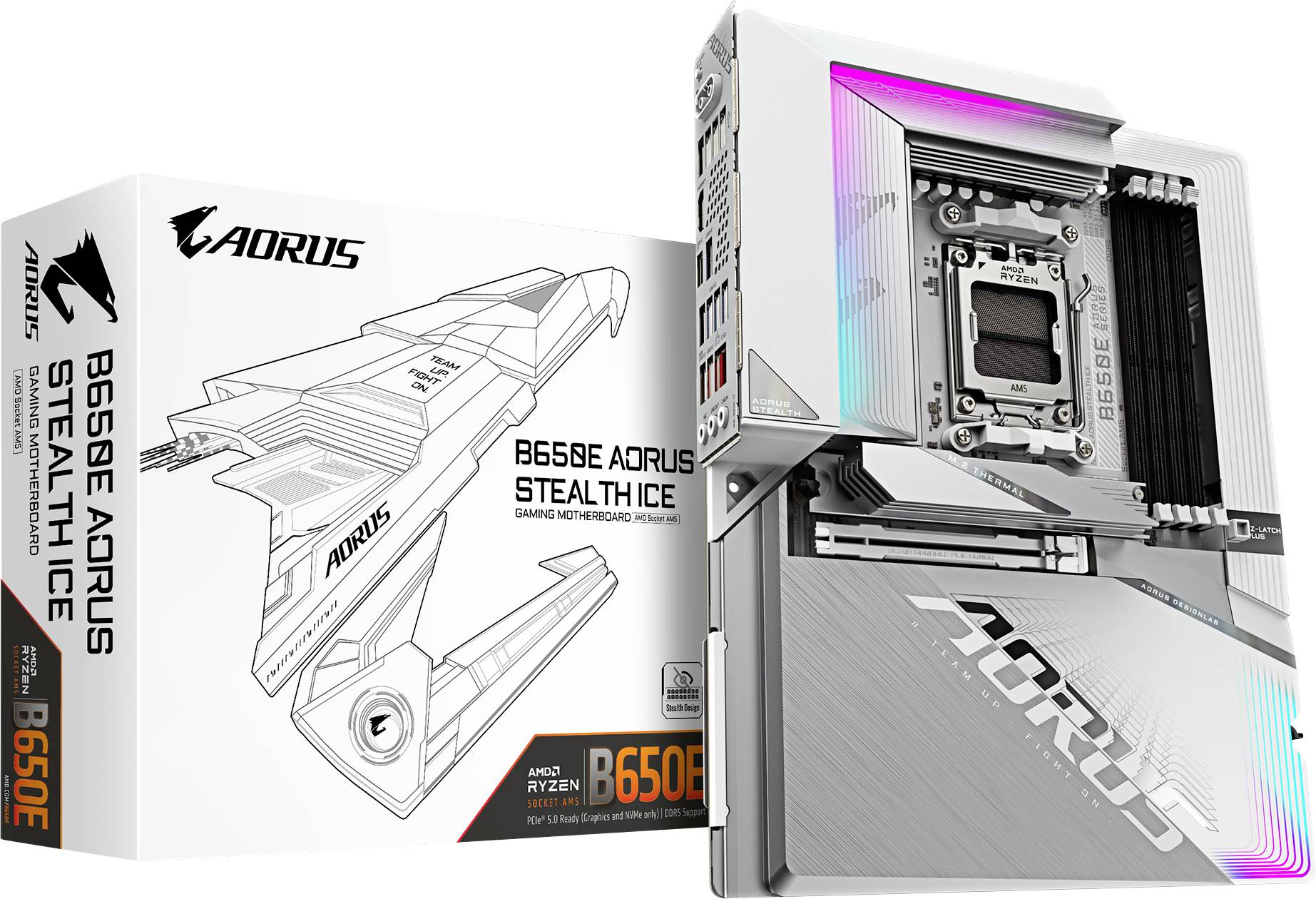 Matična plošča AORUS B650E Stealth z RGB osvetlitvijo v srebrni barvi, poleg embalaže s tehničnim dizajnom in besedilom modela.