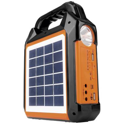 Prenosna solarna svetilka s solarnim panelom, dvema USB priključkoma in ročajem, idealna za kampiranje ali zunanje aktivnosti.