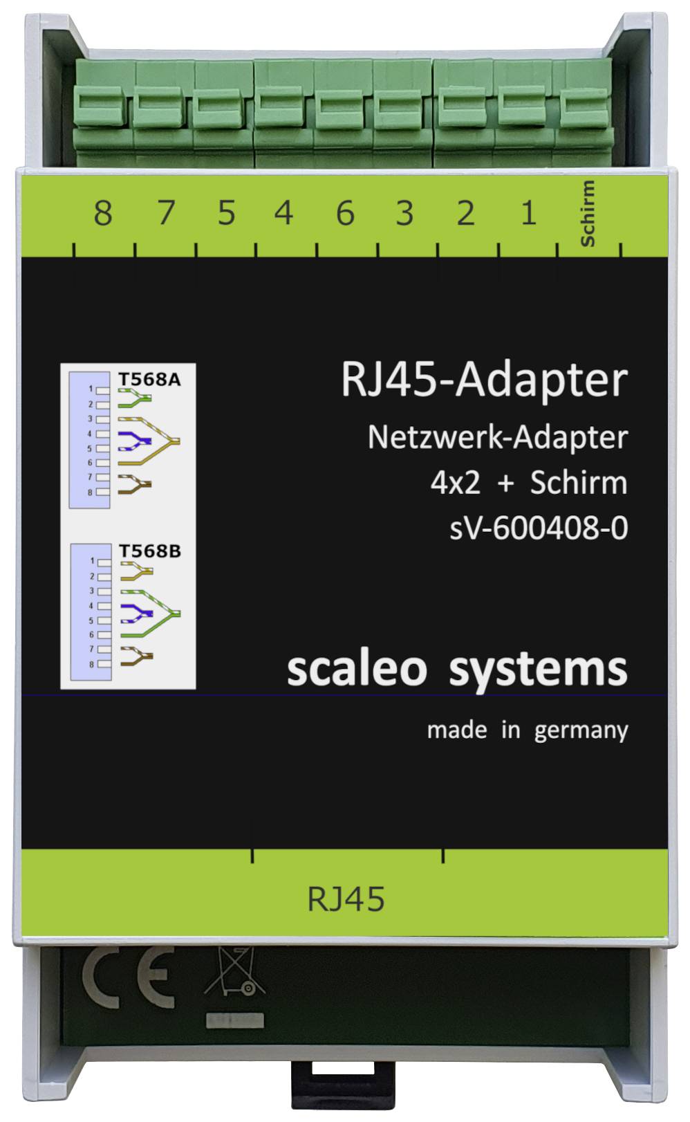 RJ45-adapter podjetja Scaleo Systems, omrežni adapter 4x2 plus zaslon, modelna številka sV-600408-0, izdelano v Nemčiji.