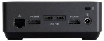 'Kompakten črn računalnik s priključki: LAN, dva HDMI, USB/DP, napajanje in varnostna ključavnica.'