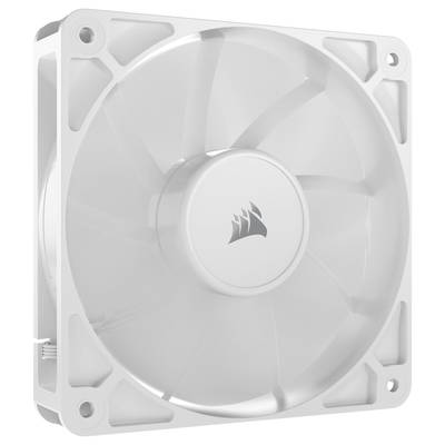 Bel računalniški hladilni ventilator z osrednjim logotipom na pokrovu.
