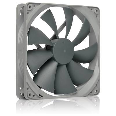 Siv računalniški ventilator z devetimi lopaticami, nameščen v kvadratnem okvirju, usmerjen v smeri pretoka zraka.
