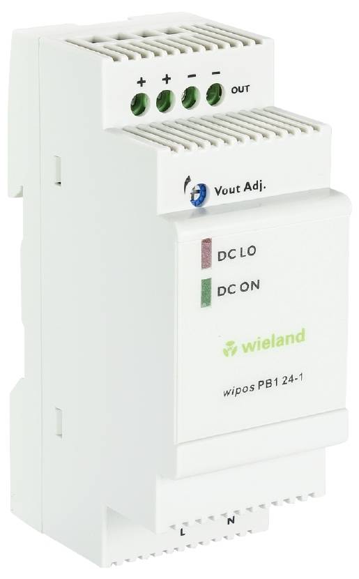 Belo električno enoto podjetja Wieland z napisi 'DC LO', 'DC ON' in 'wipos PB1 24-1', namenjeno napajanju.