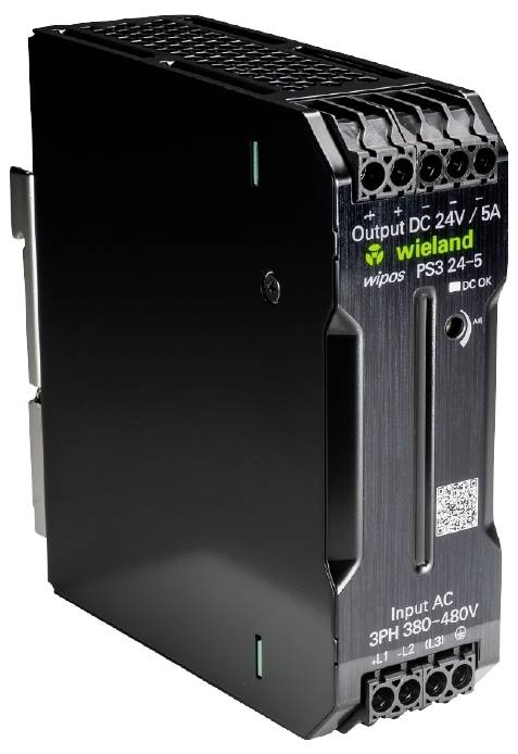 Slika prikazuje električni napajalnik z napisom 'Output DC 24V / 5A'. Proizvajalec je Wieland Electric.