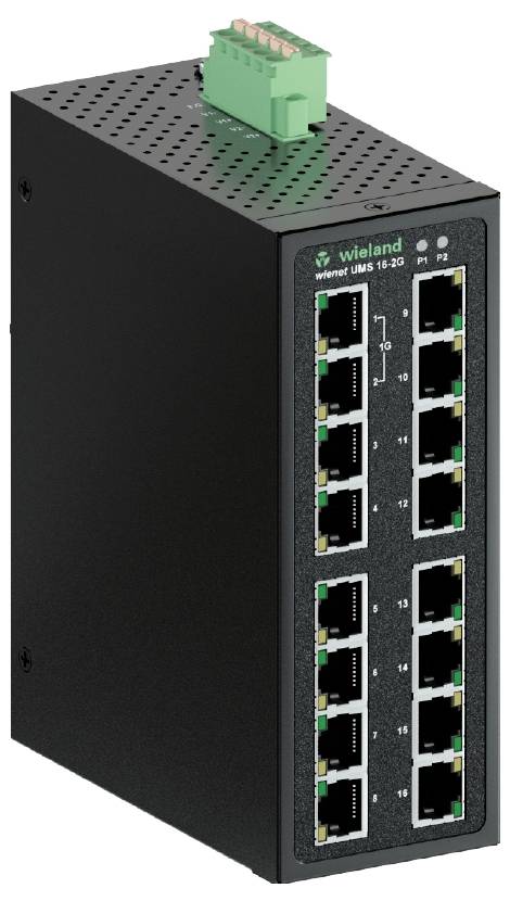Črn industrijski Ethernet stikalo z 16 LAN priključki in zelenim priključnim blokom na vrhu.