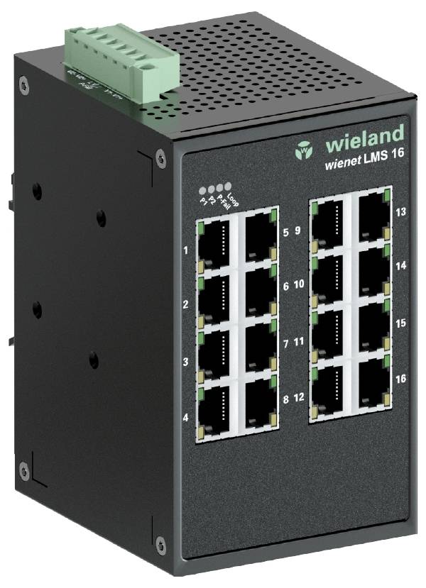 Industrijski stikalni hub s šestnajstimi Ethernet-vrati, primeren za robustne omrežne povezave v industrijskih aplikacijah.
