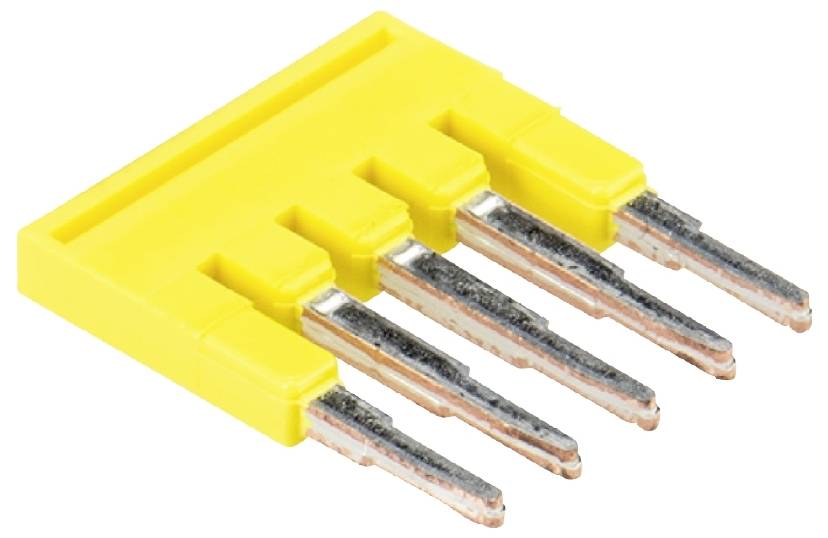 Rumen jumpер s petimi kovinskimi čepi za povezovanje električnih vezij.