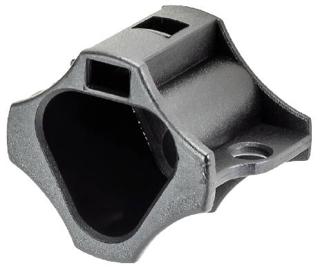 Plastični del z zapleteno, asimetrično obliko in več odprtinami, verjetno adapter ali povezovalni element v črni barvi.