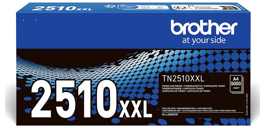 Embalaža tonerske kartuše Brother TN2510XXL v modri barvi z belim napisom. Kapaciteta: 5000 strani, format papirja: A4.