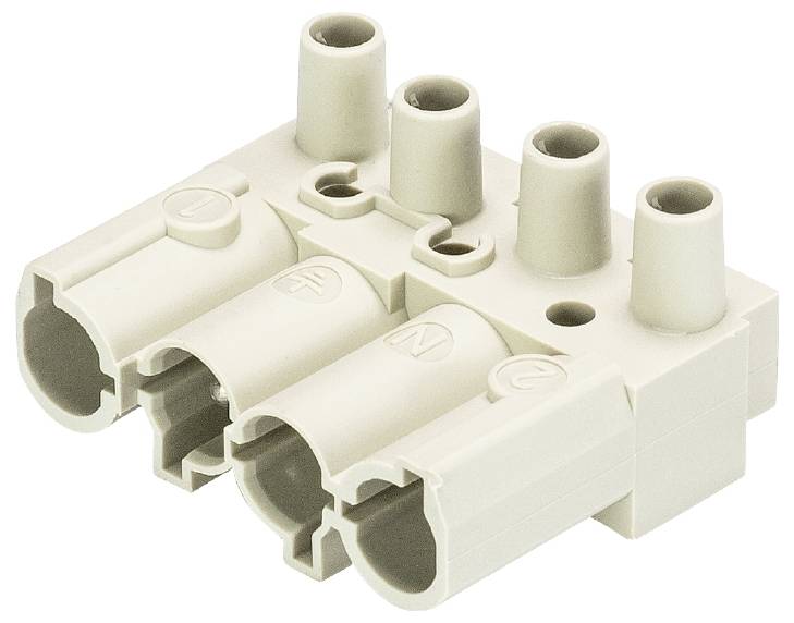 Tristični električni konektor bele barve s tremi priključki na zgornji strani za prenos električne energije v napravah.