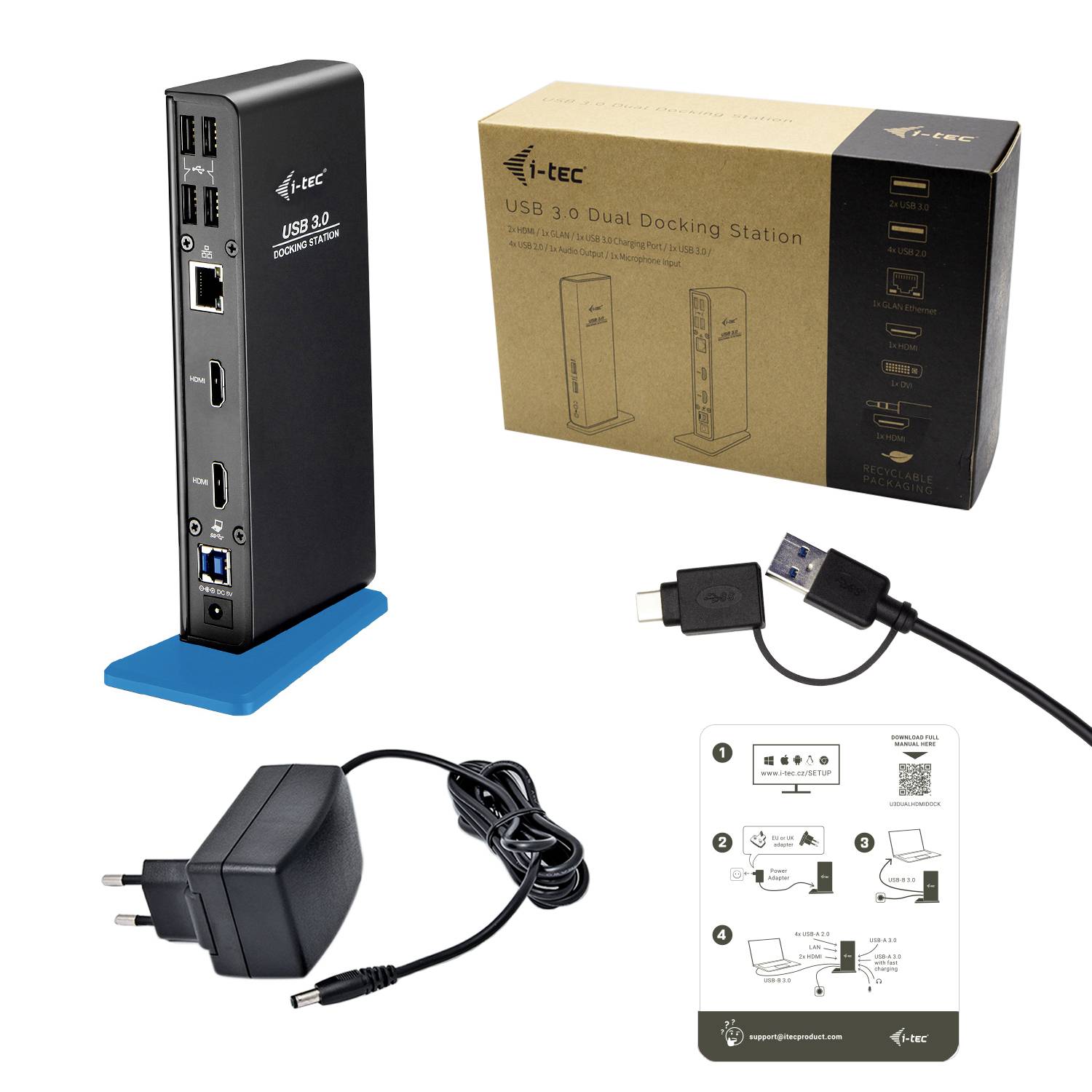 USB 3.0 dualna priključna postaja z več priključki, napajalnikom in kablom, prikazana v embalaži.