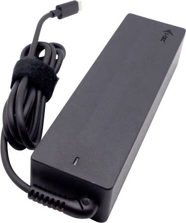 Pravokoten, črn napajalni adapter za prenosnik z USB-C priključkom in dolgim kablom.